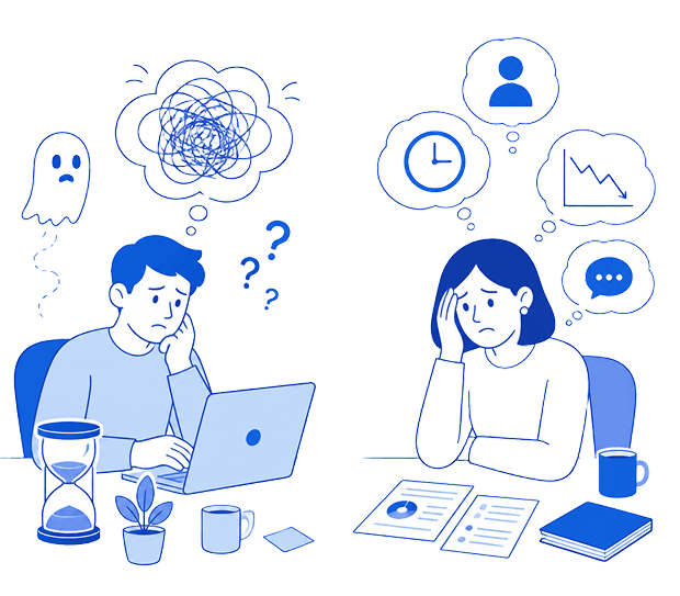 Worried freelancer and client with anxious thought bubbles